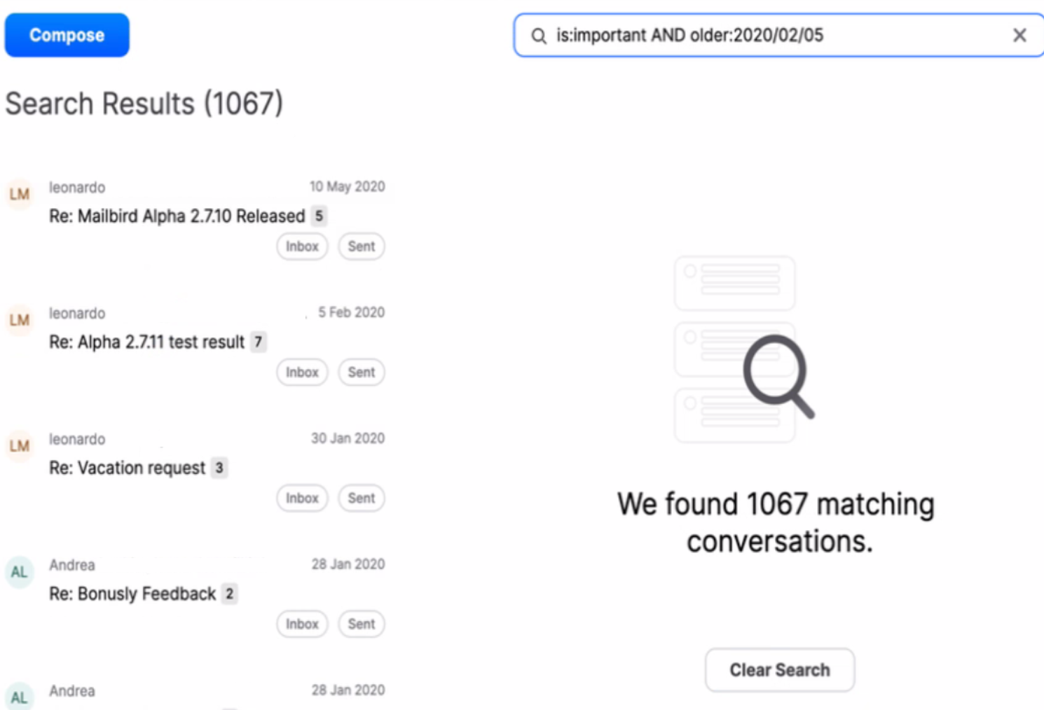 mailbird search by date