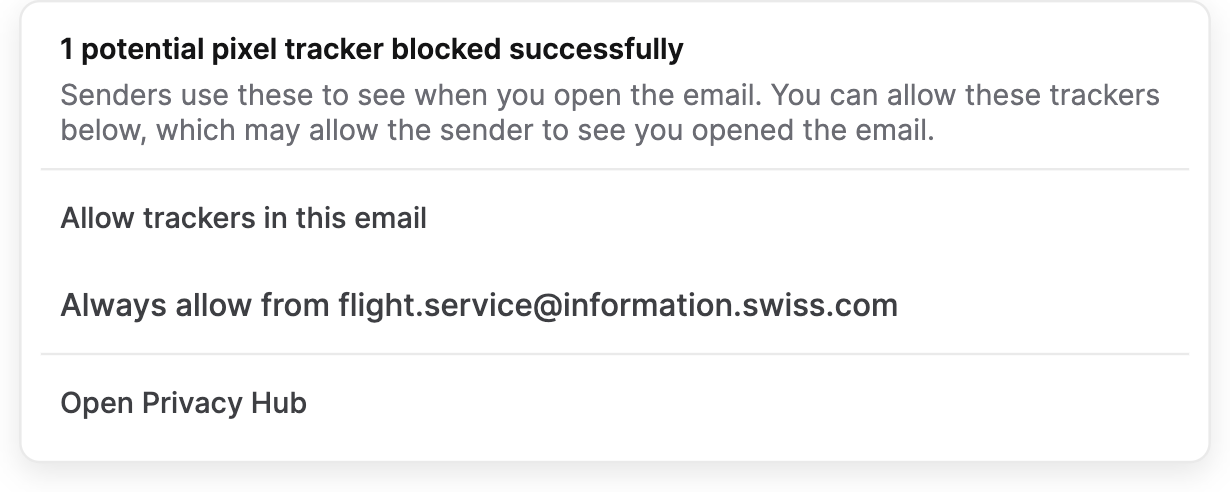 Popover showing tracker count, explanation, and three action buttons