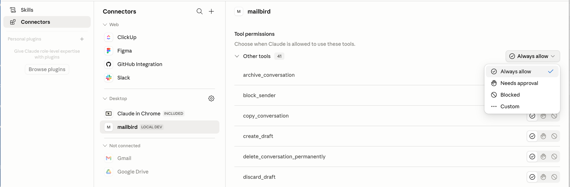 Claude's Connectors panel with the mailbird server selected and Tool permissions showing the Always allow / Needs approval / Blocked options for each tool.