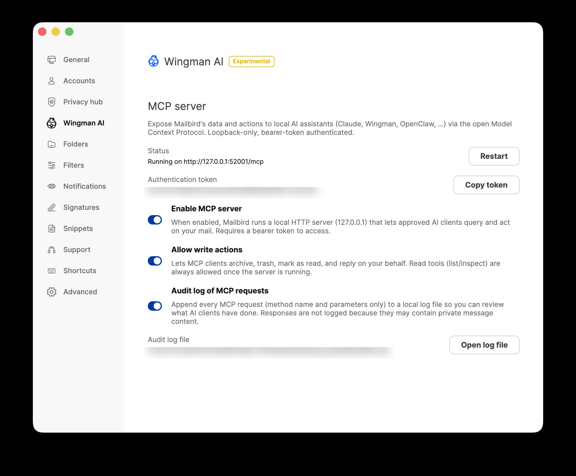 Mailbird Wingman AI settings tab with the MCP server enabled, showing the endpoint URL, authentication token, and the three toggles for Enable MCP server, Allow write actions, and Audit log of MCP requests.