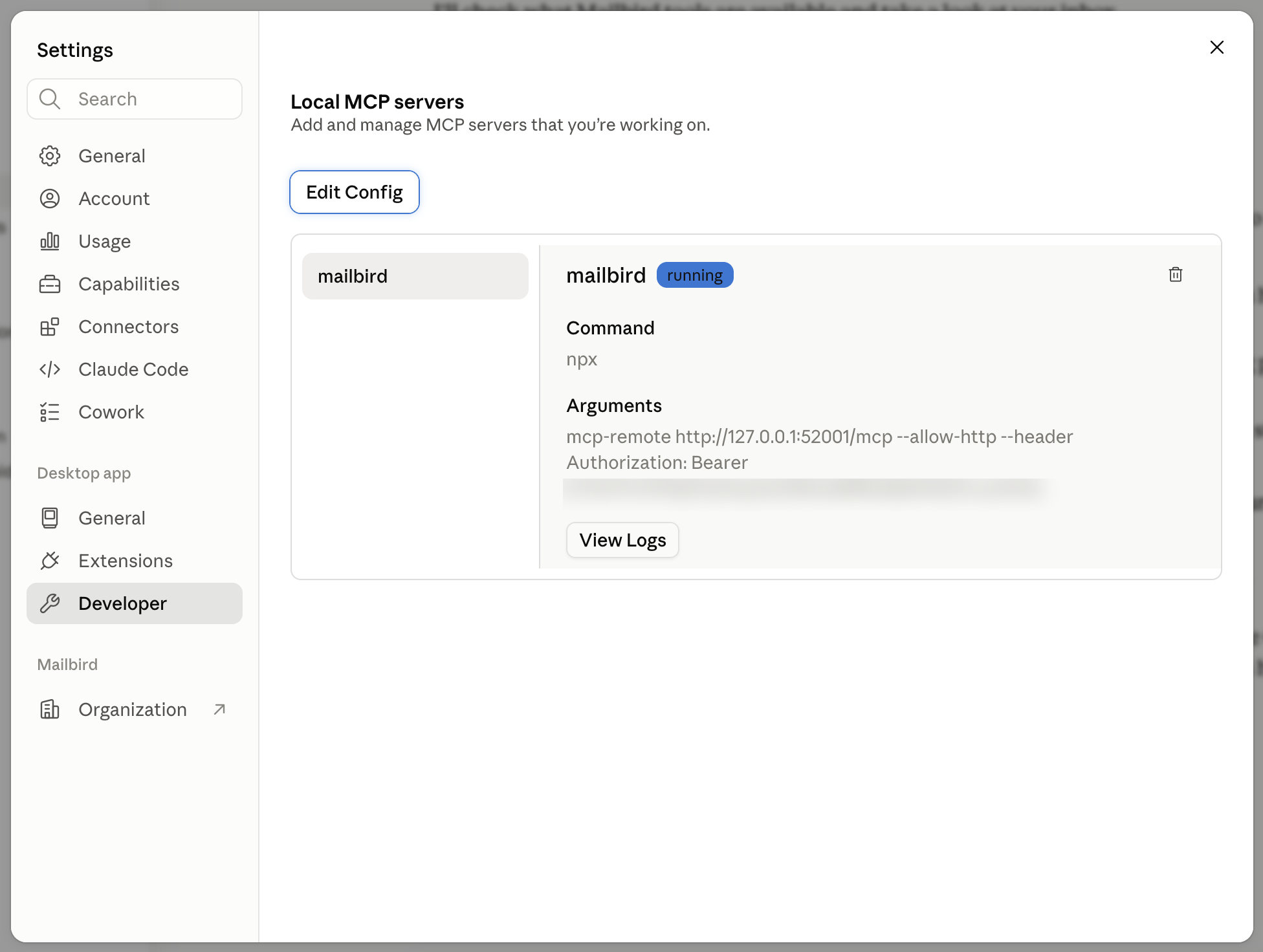 Claude Desktop Settings → Developer screen showing the mailbird MCP server in the running state, with the npx mcp-remote command and bearer-token argument.