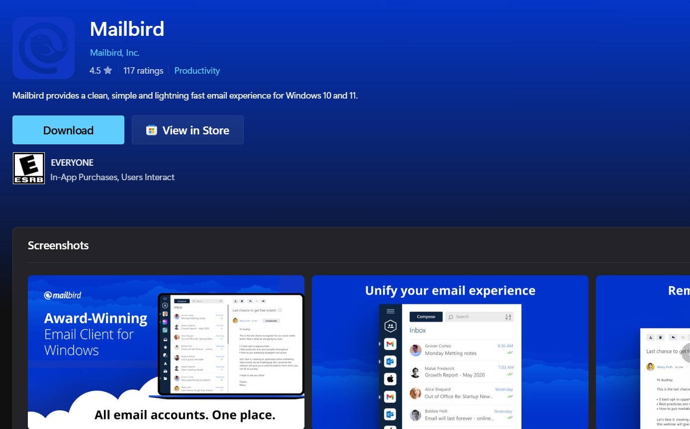 Mailbird Next listing in the Microsoft Store