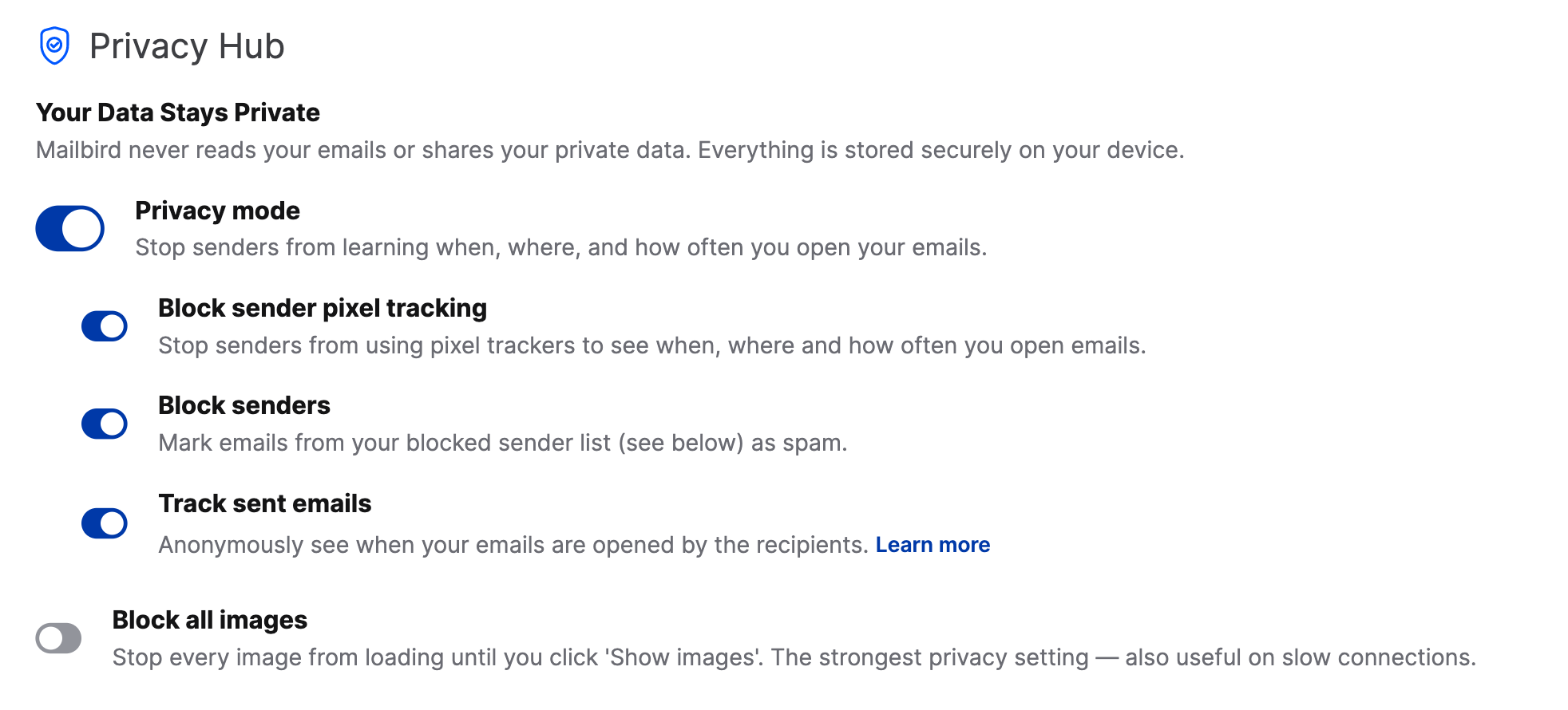 Privacy Hub settings in Mailbird Next showing the Block all images setting
