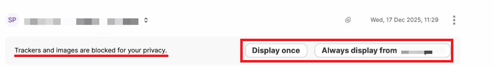 Mailbird Next message header showing Display once and Always display from sender options