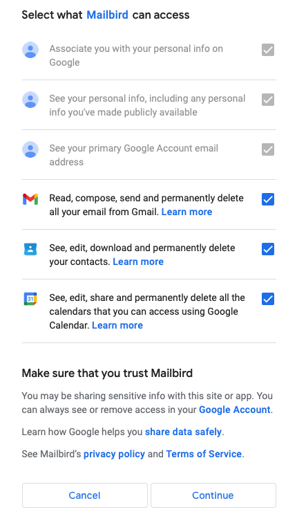 mailbird gmail contacts