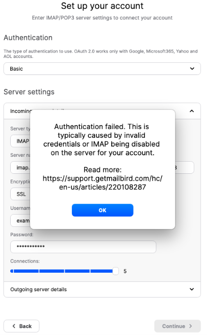 authentication failed error on mailbird