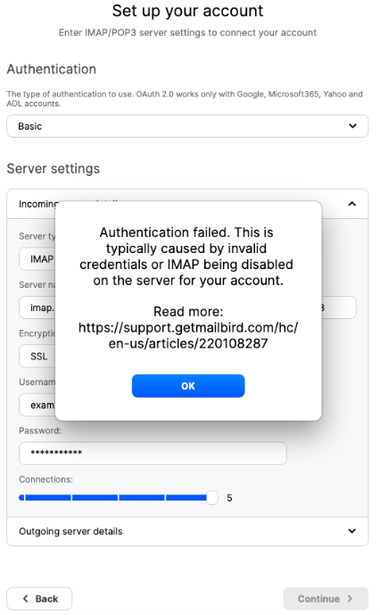 mailbird server authentication failed gmail